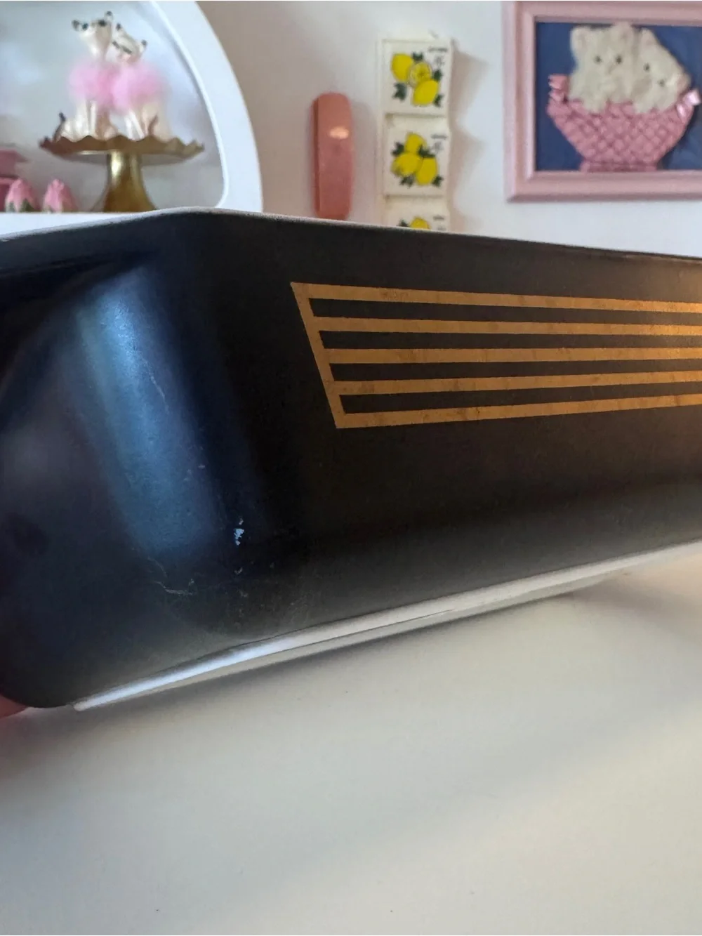 Pyrex 575 Musical Staff Space Saver Casserole w/ Lid, Black Gold, Vintage 1958